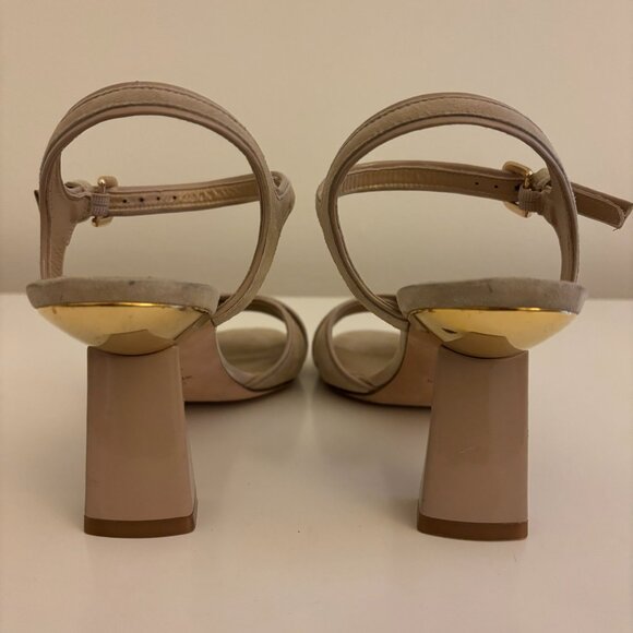 Stuart Weitzman Suede Cross Front Sandals with Sculpted Gold Trim Heel - Picture 4 of 8